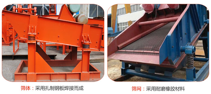 礦用振動篩特點：篩體采用扎制鋼板焊接而成，篩網采用耐磨橡膠材質