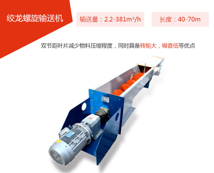 絞龍螺旋輸送機輸送量：2.2-381m3/h 長度：40-70m 雙節(jié)距葉片減少物料壓縮程度，同時具備轉(zhuǎn)矩大，噪音低等優(yōu)點。