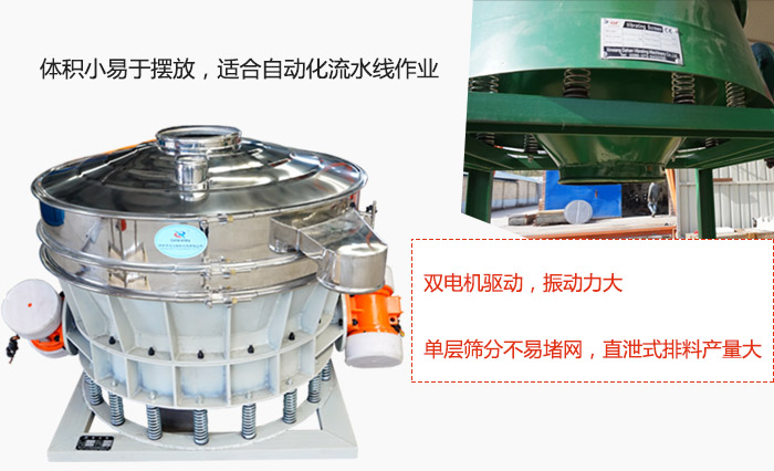 雙電機(jī)驅(qū)動，振動力大，單層篩分不易堵網(wǎng)，直泄式排料產(chǎn)量大