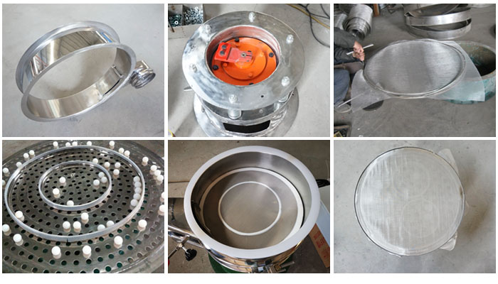 不銹鋼小型振動篩細節(jié)：振動篩篩框，振動電機座，篩網(wǎng)，彈跳球，密封圈，篩網(wǎng)網(wǎng)架。