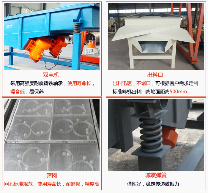 1030直線振動篩雙電機(jī)采用高強(qiáng)度耐震鑄鐵軸承使用壽命長、噪音低，易保養(yǎng)；出料口排料迅速，不堵口，可根據(jù)客戶需求定制，標(biāo)準(zhǔn)機(jī)器出料口離地面距離500mm;篩網(wǎng)網(wǎng)孔標(biāo)準(zhǔn)規(guī)范、使用壽命長，耐磨損、精度高；減震彈簧：彈性好，穩(wěn)定傳遞激振力。