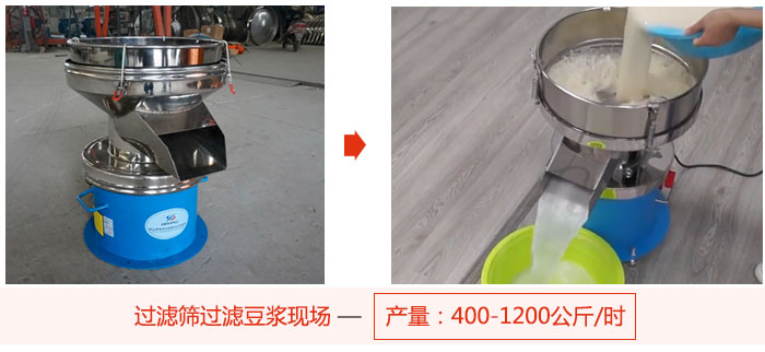 過濾篩過濾豆漿現場，產量高達1200公斤每小時。