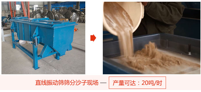 直線振動篩篩分沙子現場展示，產量高達20噸每小時。