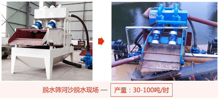 脫水篩河沙脫水現場，產量可達100噸每小時。