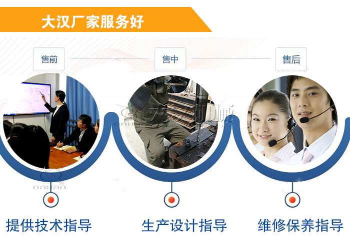 大漢廠家服務(wù)流程：售前-售中-售后：提供技術(shù)指導(dǎo)，生產(chǎn)設(shè)計指導(dǎo)，維修保養(yǎng)指導(dǎo)。